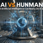 A photorealistic scene depicting AI and human interaction in a futuristic setting.