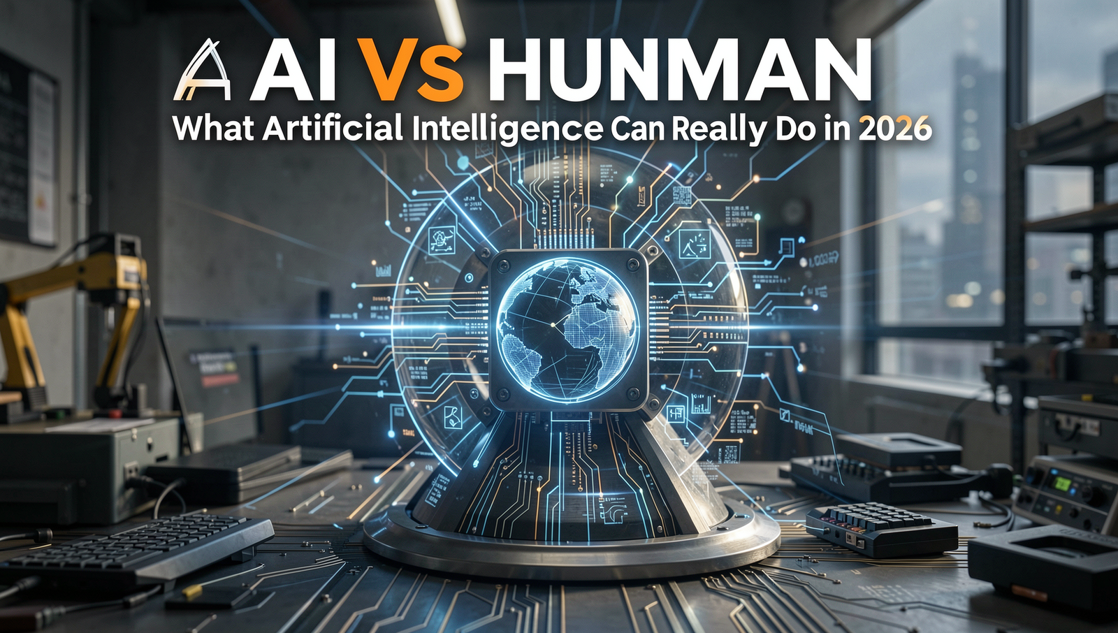 A photorealistic scene depicting AI and human interaction in a futuristic setting.
