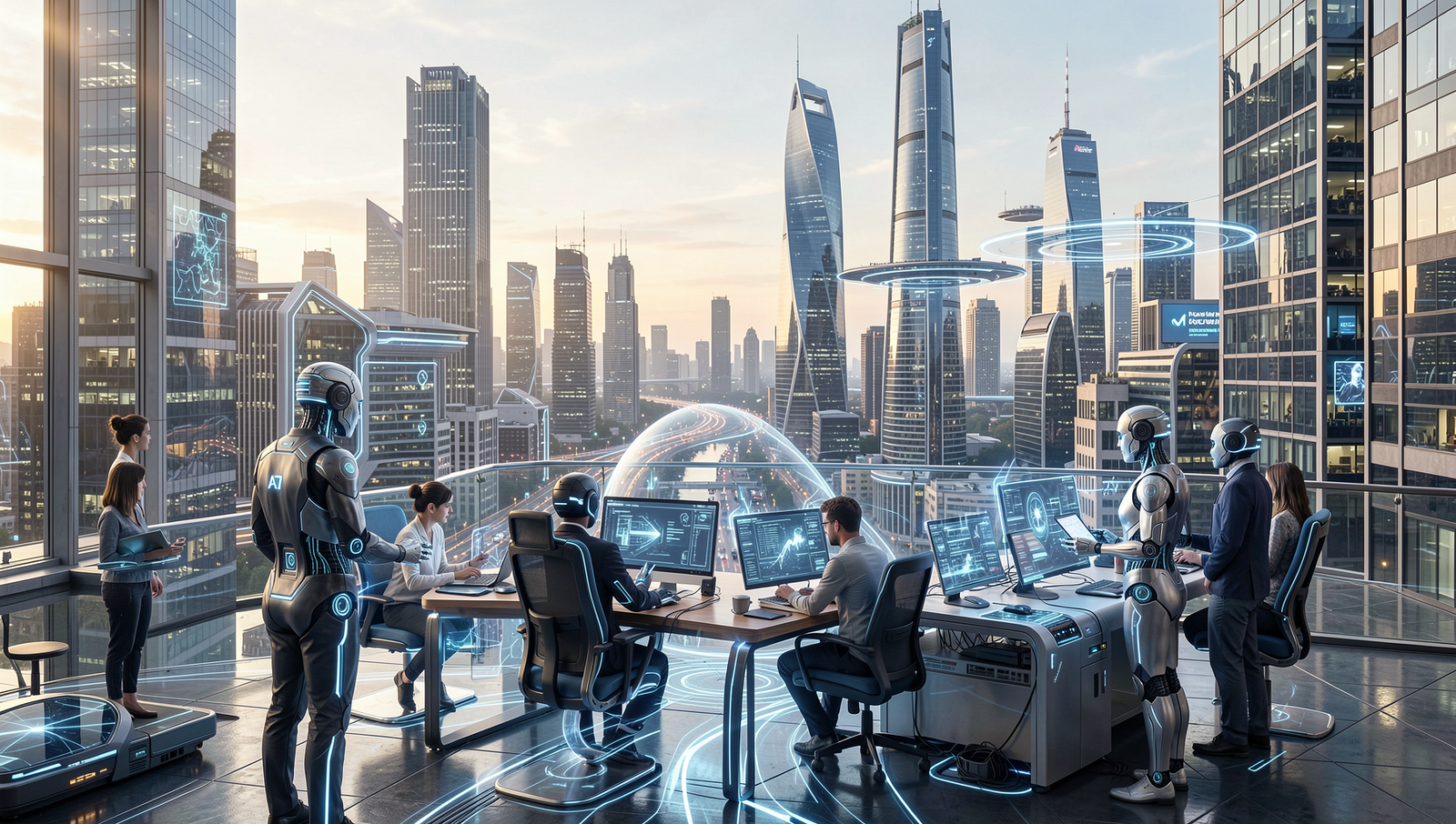 Futuristic cityscape showcasing humans and AI collaborating in a vibrant urban environment.