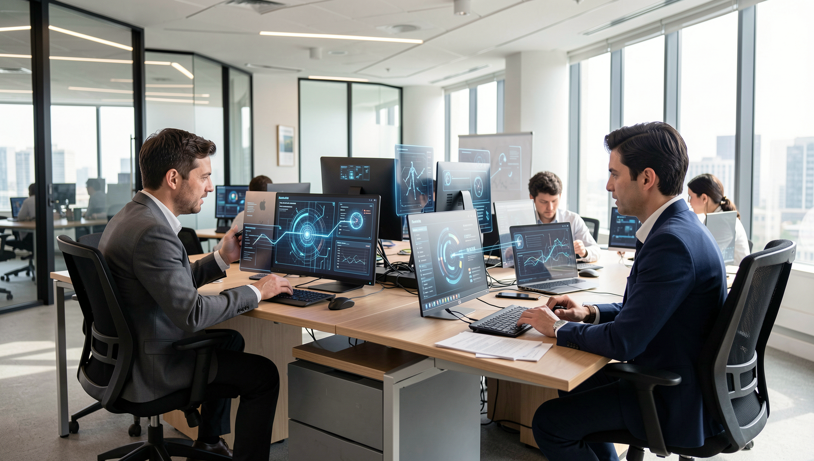 Modern office scene with people collaborating with AI systems in a bright environment.