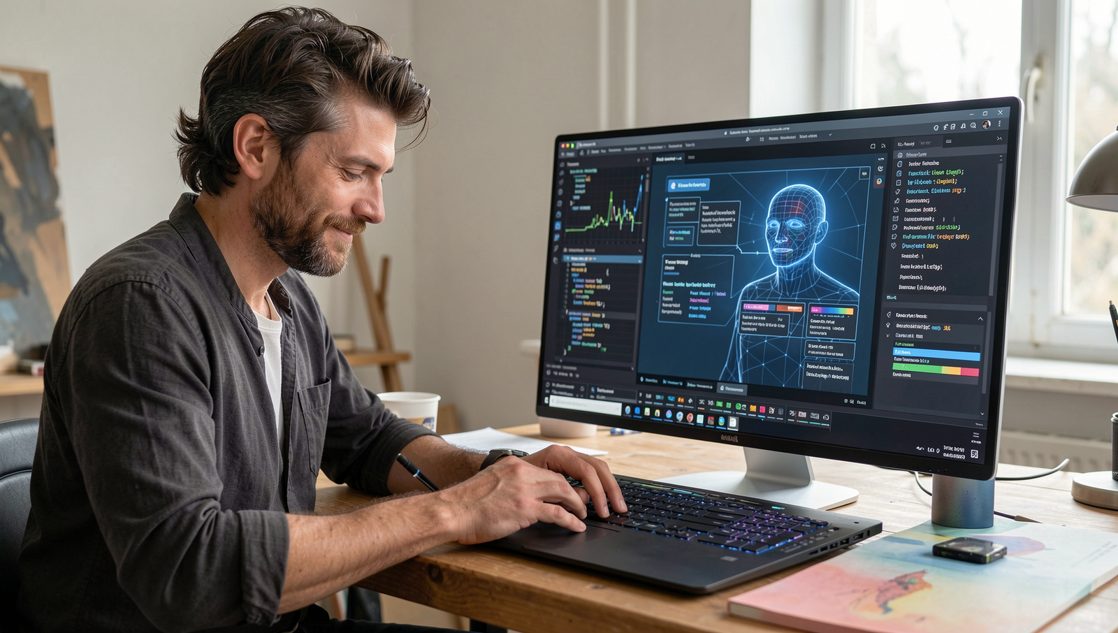 An artist collaborates with an AI program in a creative workspace.