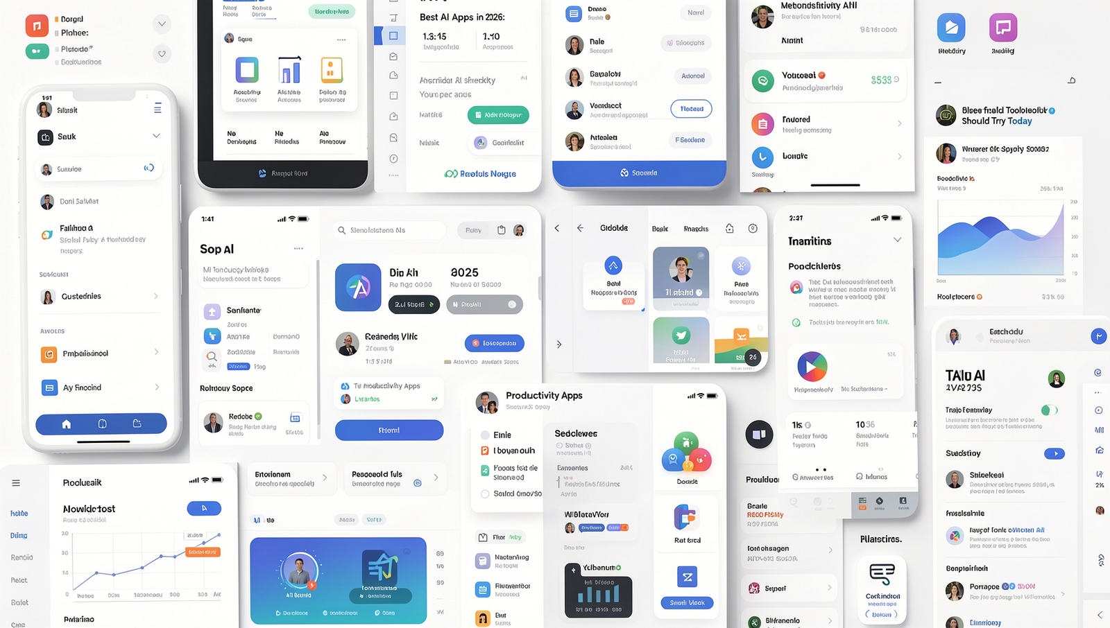 Collage of AI productivity apps showcasing advanced features and user interfaces.