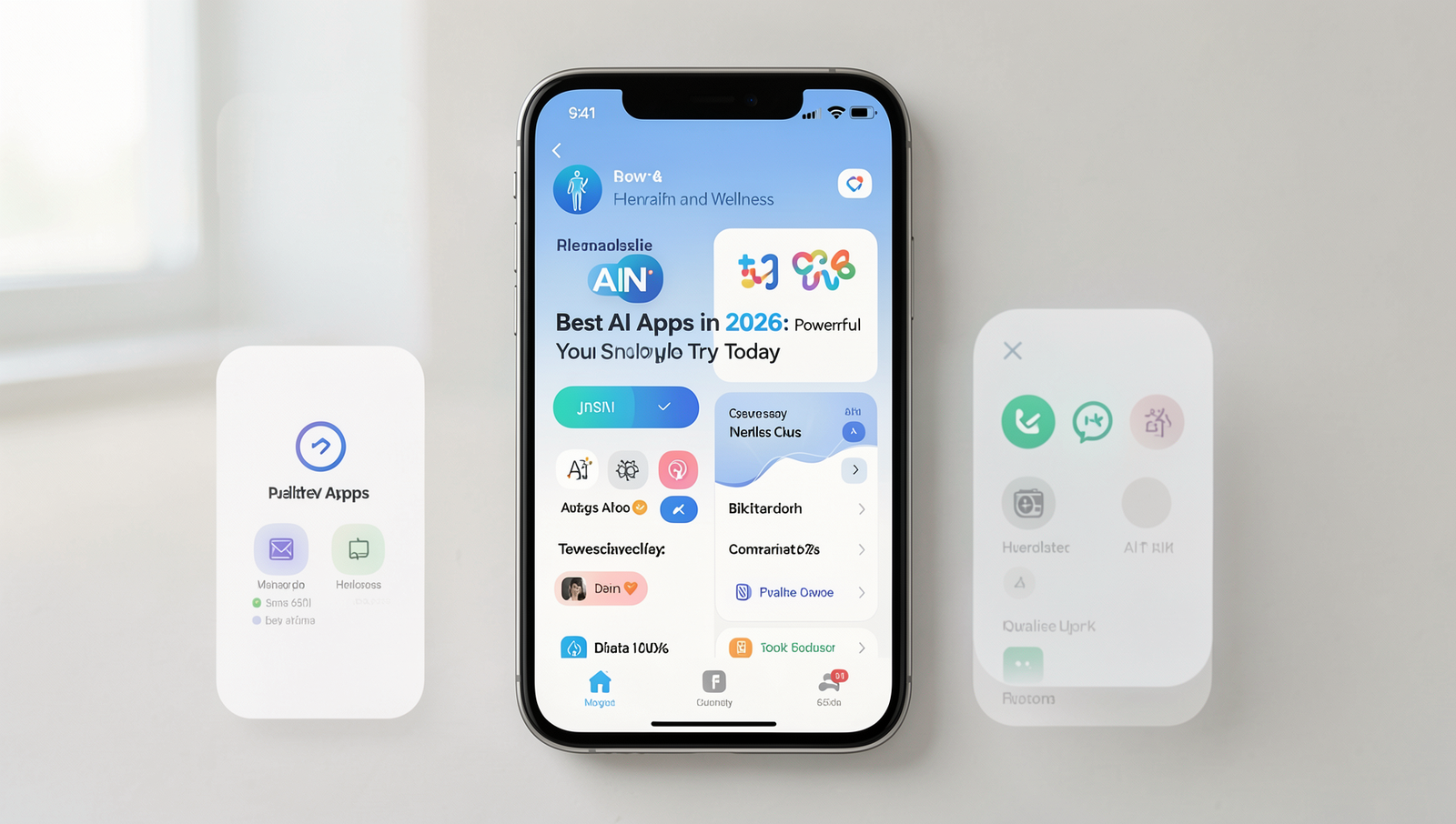 Photorealistic depiction of health and wellness apps featuring AI integration.
