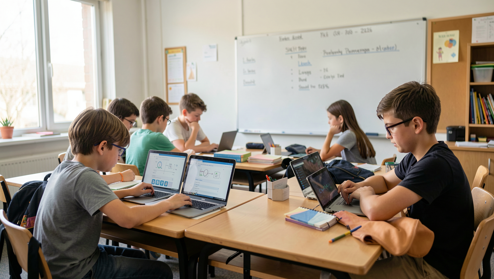 Students engaged with AI learning tools in a modern classroom setting.