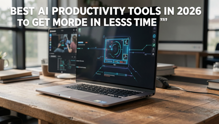 Photorealistic image of AI productivity tools in a modern workspace setting.