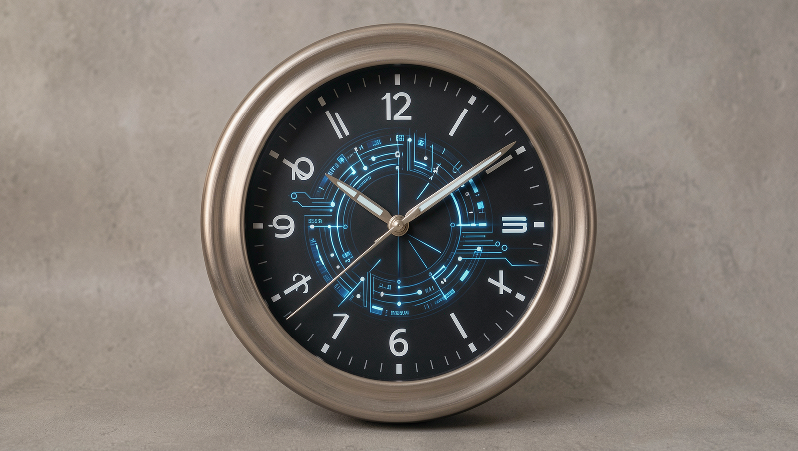 A photorealistic clock with digital AI elements, symbolizing time tracking technology.