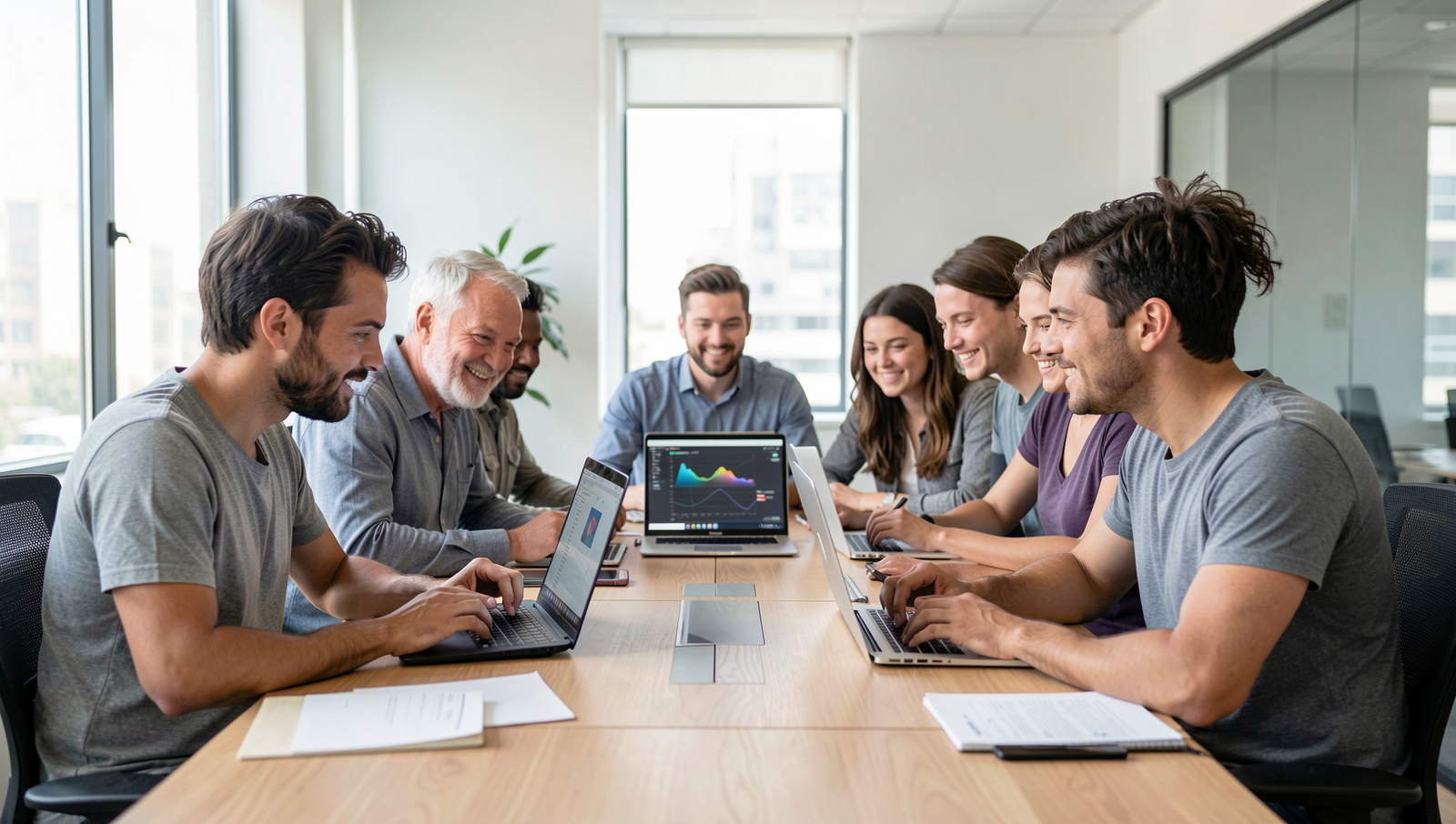 Diverse team collaborating with AI tools in a modern workspace.
