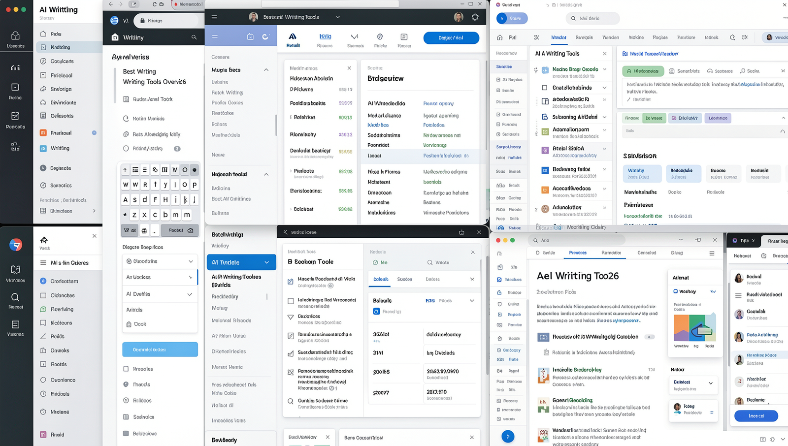 Collage of various AI writing tool interfaces showcasing features and pricing.