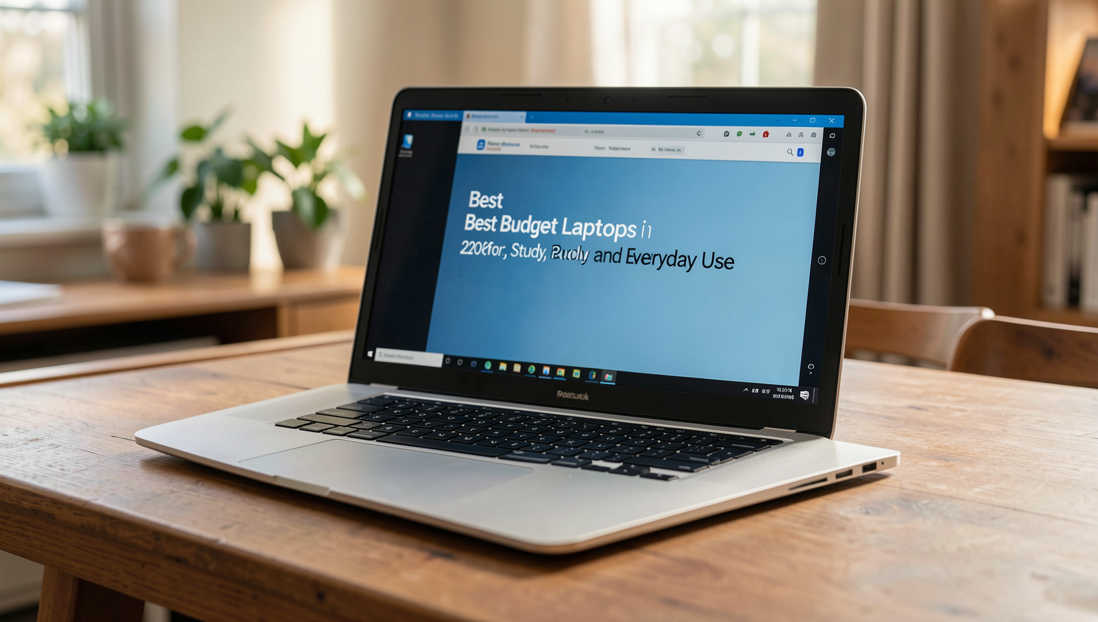 A collection of budget laptops displayed in a modern workspace setting.