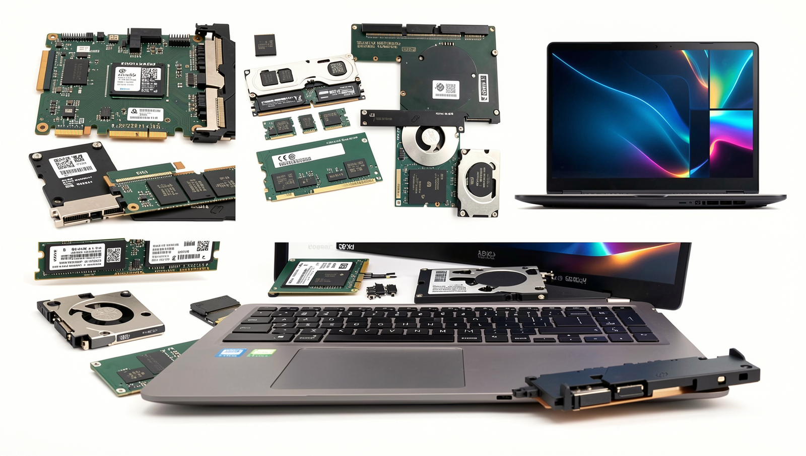 Collage of laptop components including processors, RAM, SSDs, and displays.