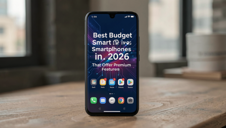 Photorealistic image of budget smartphones showcasing premium features in a stylish setting.