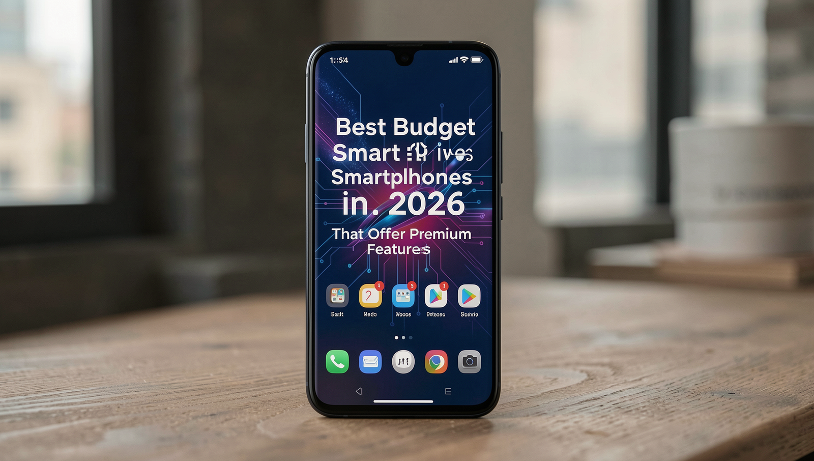 Photorealistic image of budget smartphones showcasing premium features in a stylish setting.