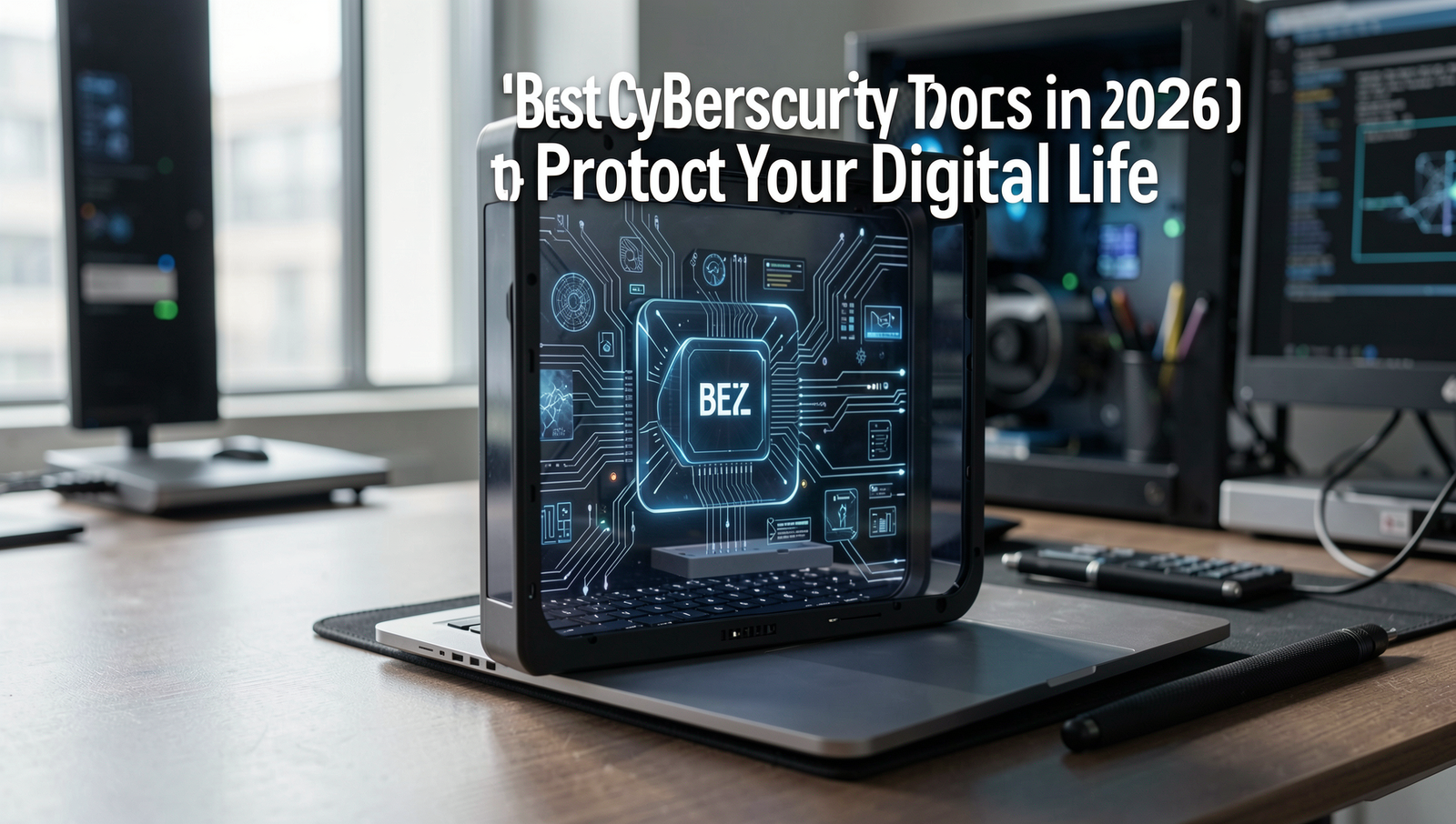 Professional editorial photo showcasing advanced cybersecurity tools in a modern setting.