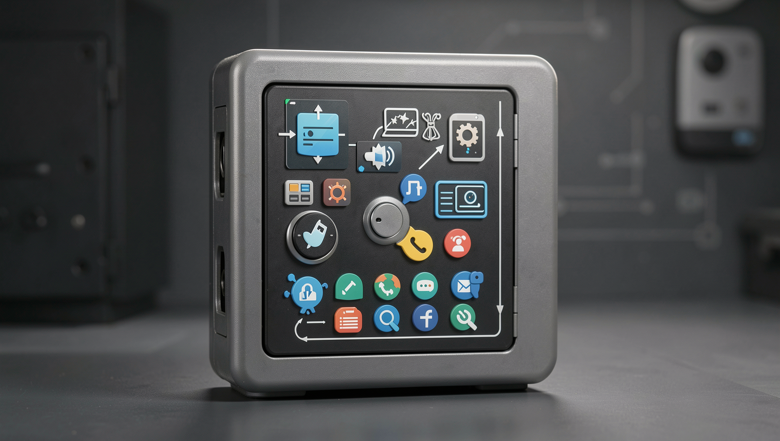 Photorealistic password vault with icons for lock, key, and digital security, representing password management tools.