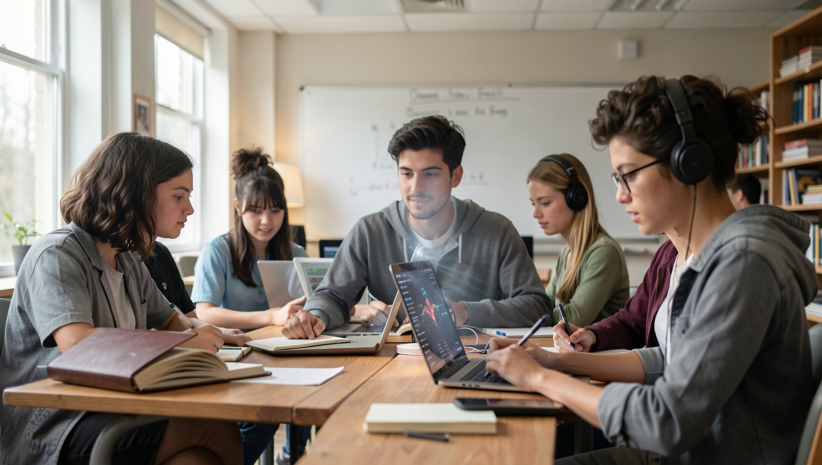 Students collaborating with AI tools for studying and projects in a bright classroom.