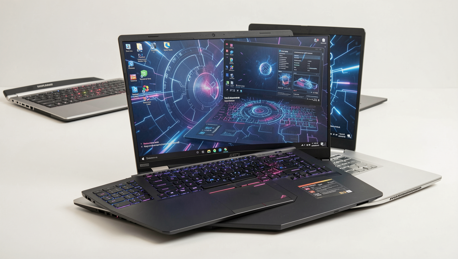 Collage of budget gaming laptops under $1000 showcasing various models and designs.