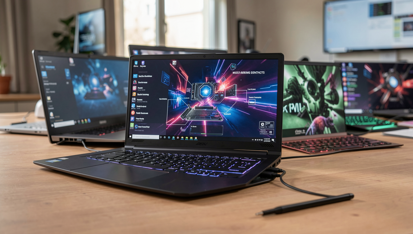 Mid-range gaming laptops displayed in a professional setting with natural lighting.