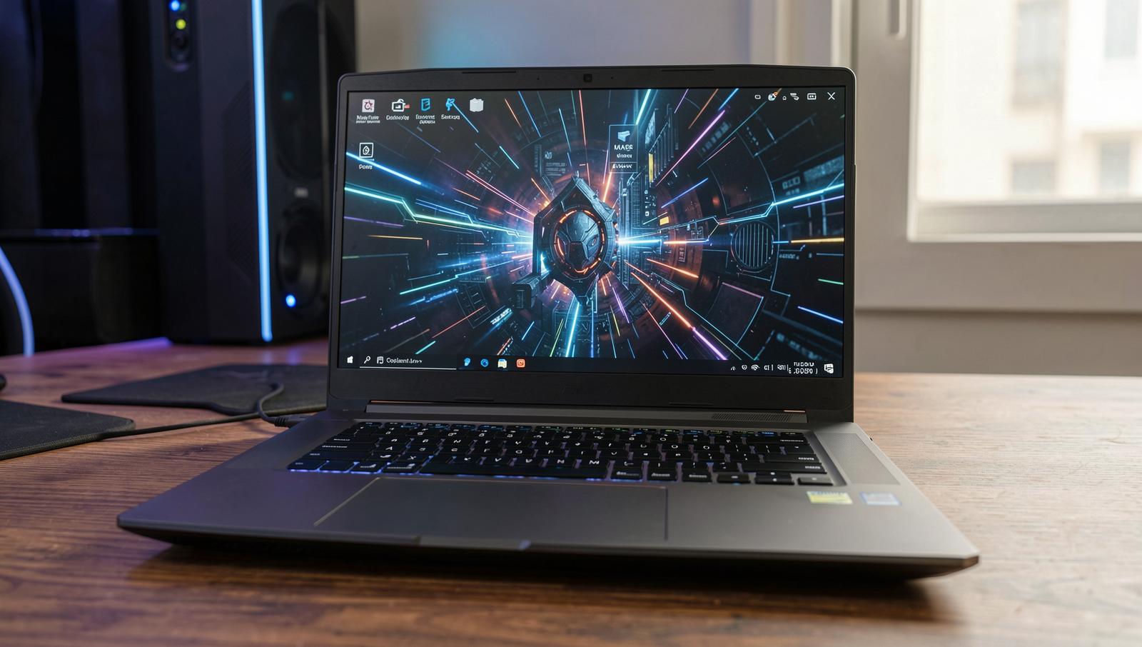 Luxury gaming laptop setup with ultra-detailed design and natural lighting.
