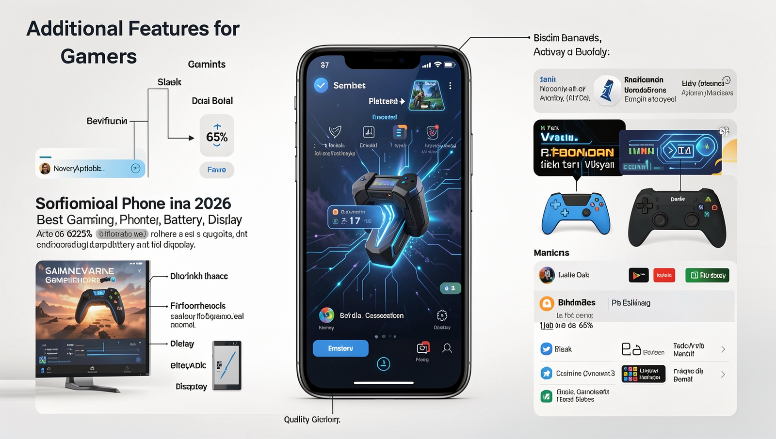 Illustration of gaming features in smartphones for 2026, showcasing performance and display.