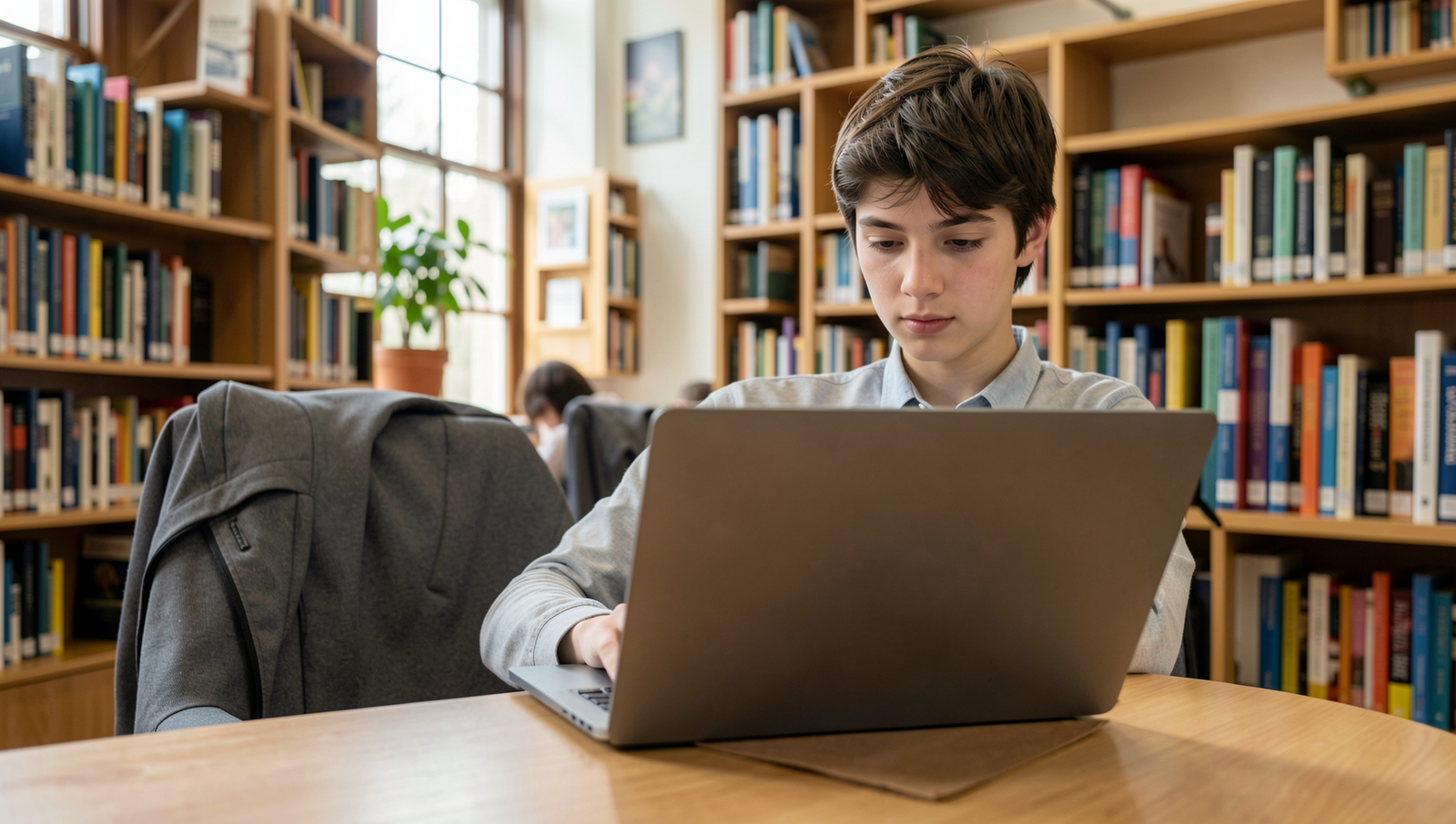 Student focused on laptop in a library, showcasing modern study environment.
