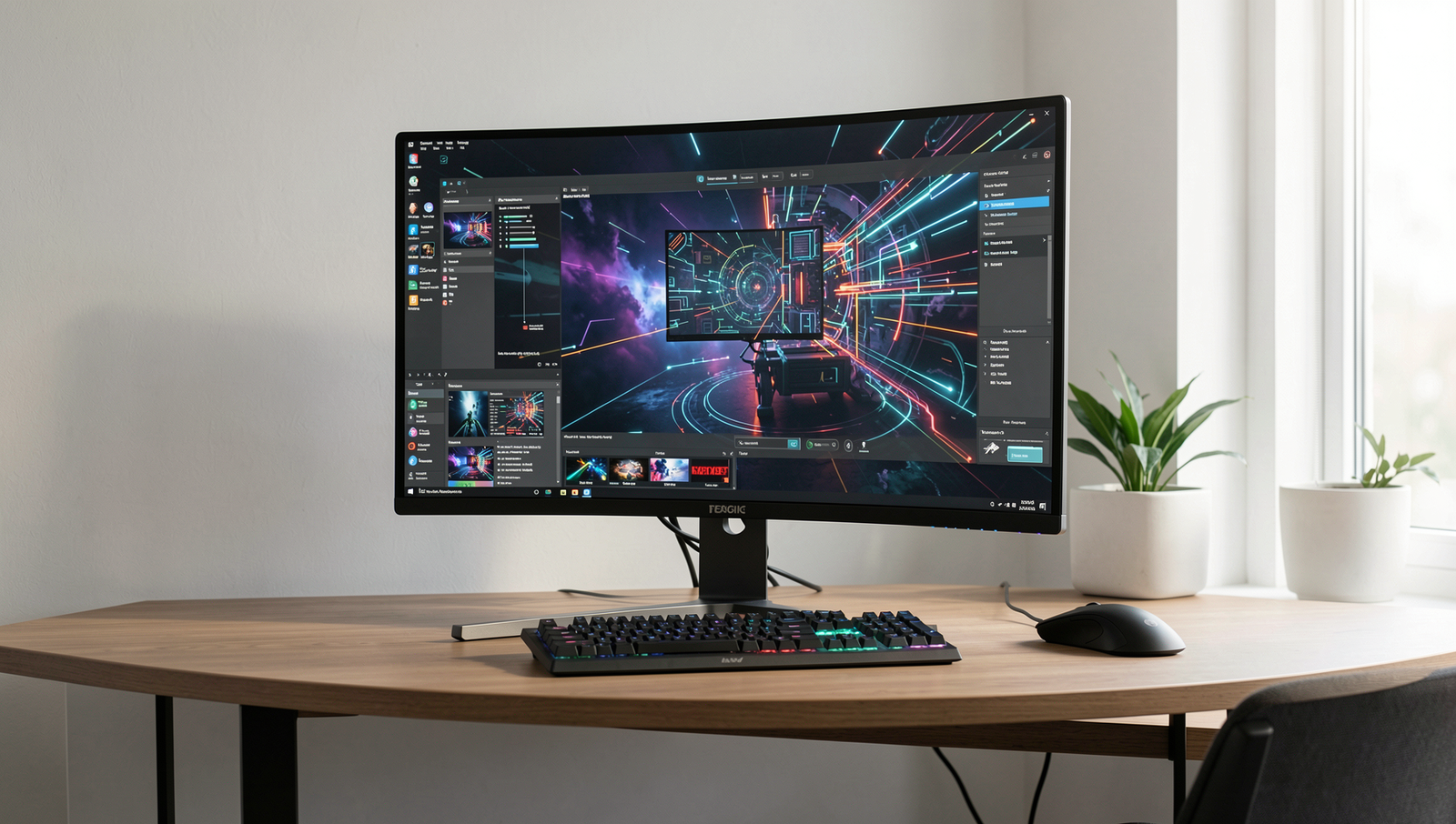 Modern workspace with high-tech monitor setup for work and gaming.