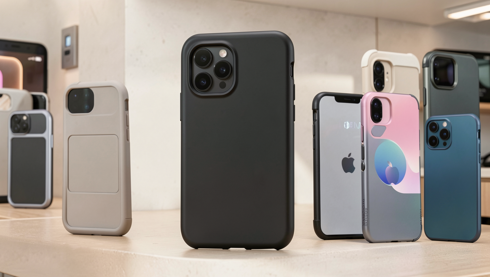 Variety of smartphone cases on display showcasing modern designs and features.