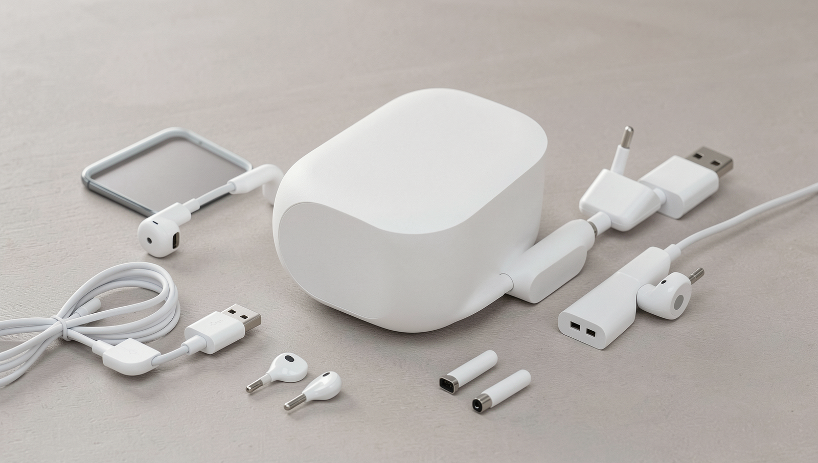 Variety of charging accessories including cables, adapters, and power banks on a wooden surface.