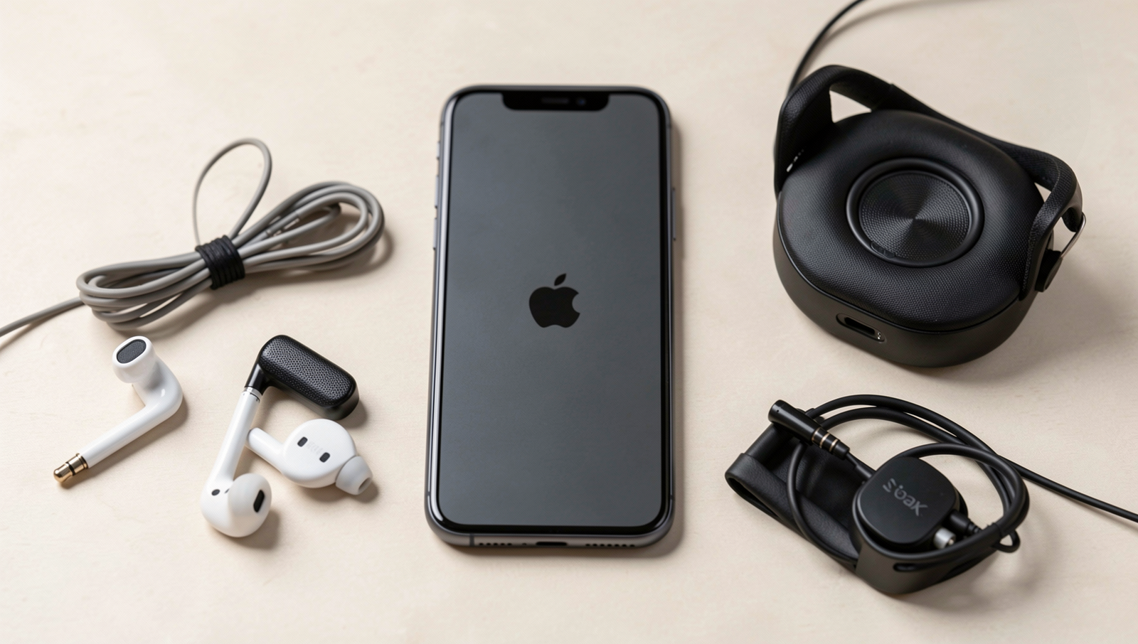 Various audio accessories including earbuds and speakers on a wooden surface.
