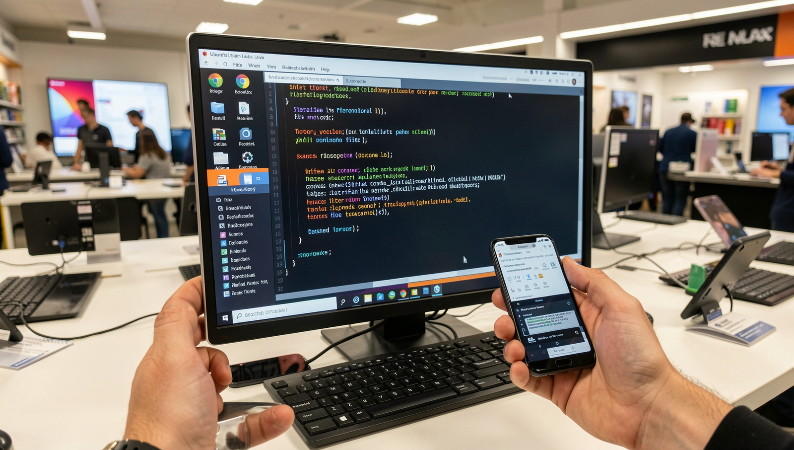 Customer testing smartphones in a retail store with realistic lighting and focus.