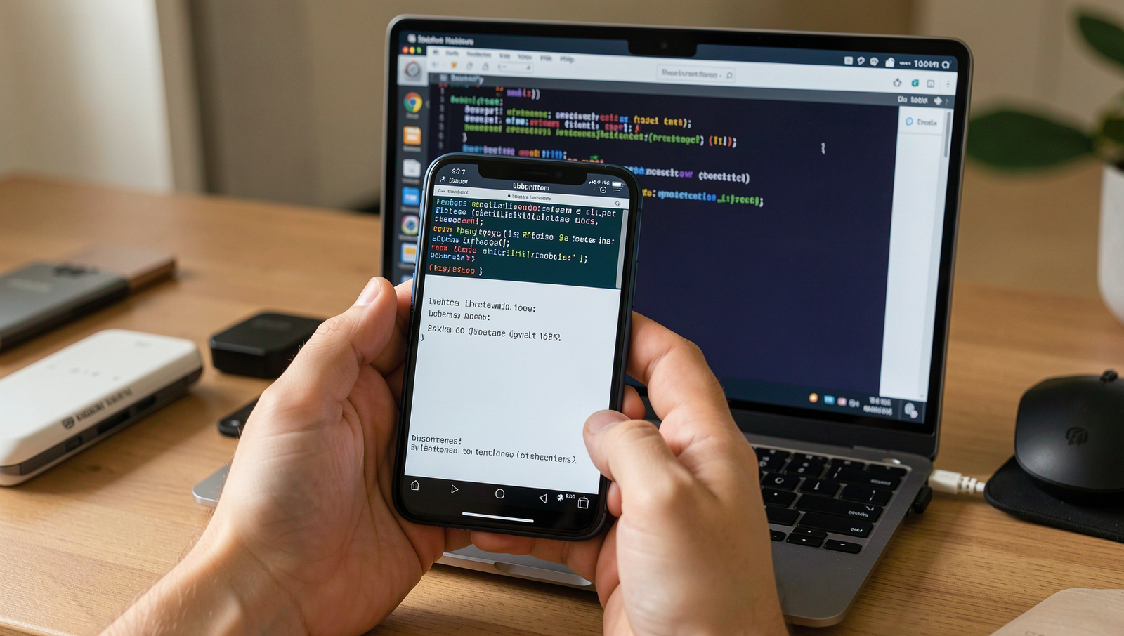 User setting up a new smartphone with accessories on a Linux desktop.