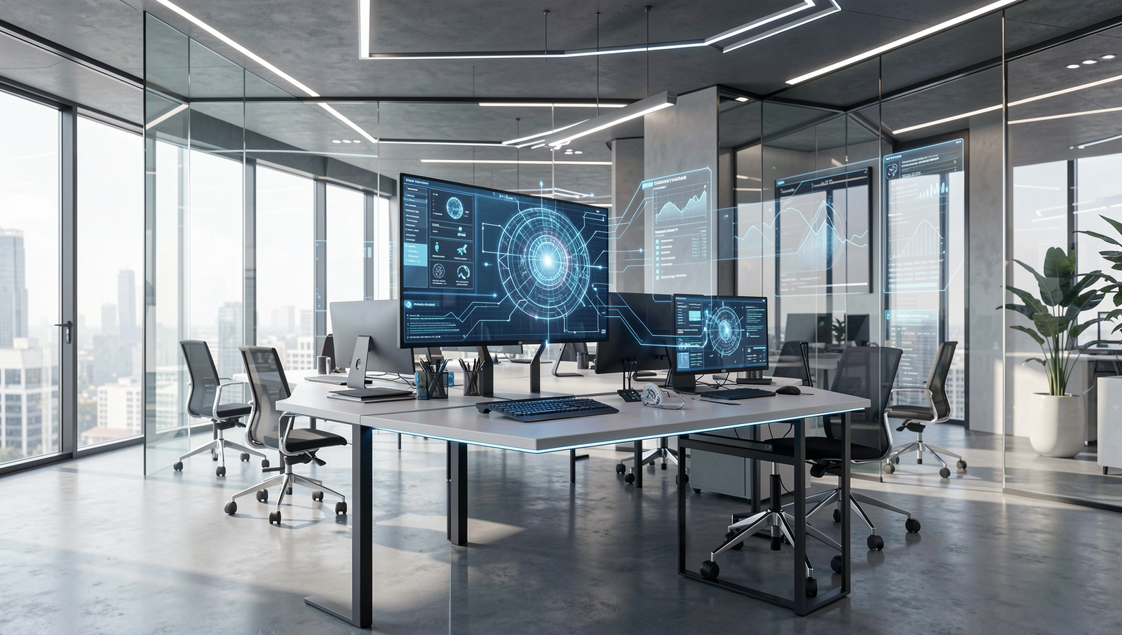 Futuristic office showcasing advanced AI technology in a modern workspace.