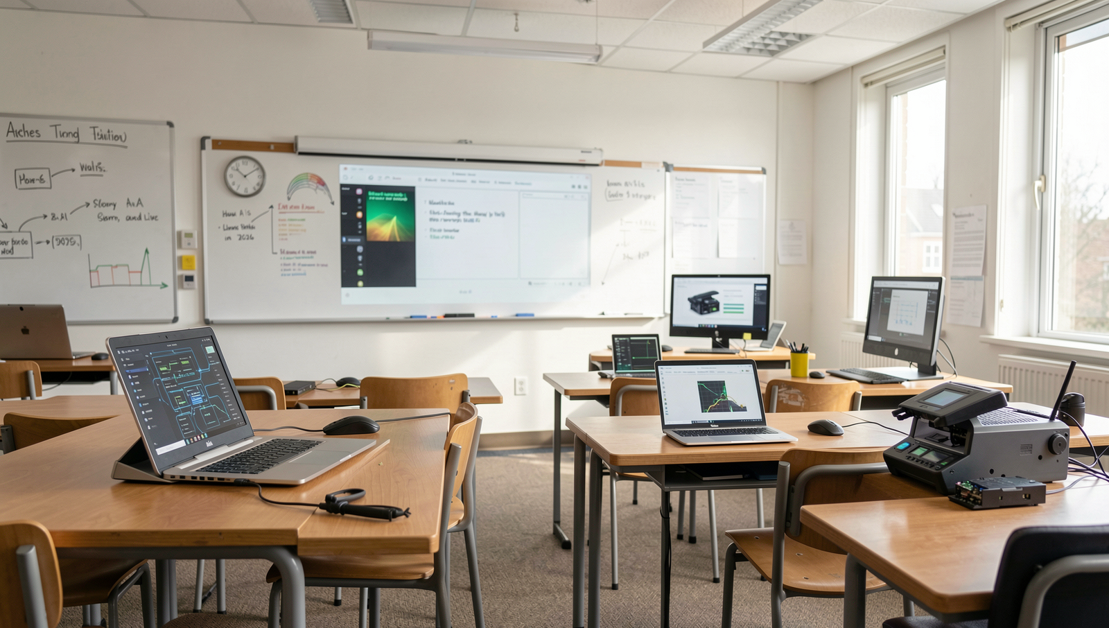 A modern classroom equipped with advanced AI learning tools and natural lighting.