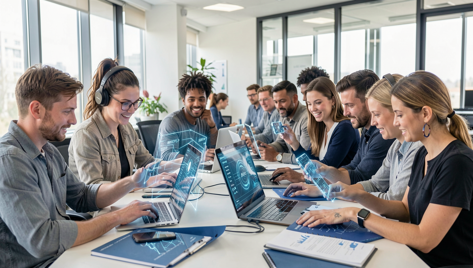 Diverse group of people engaging with AI technology in a collaborative environment.