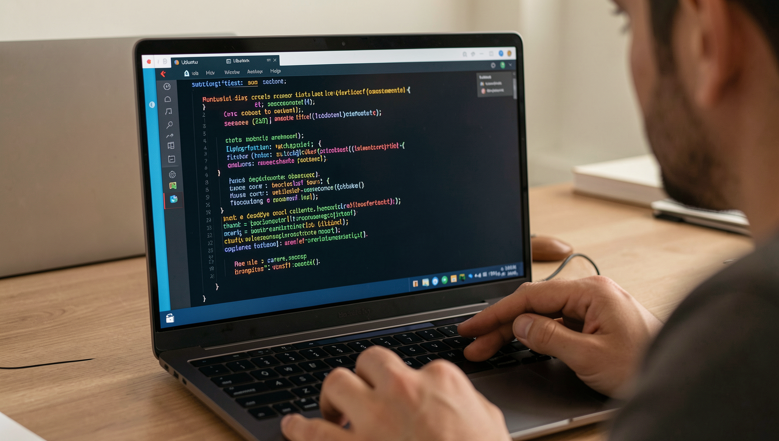 Person creating a list of laptop requirements on a Linux desktop with a realistic UI.