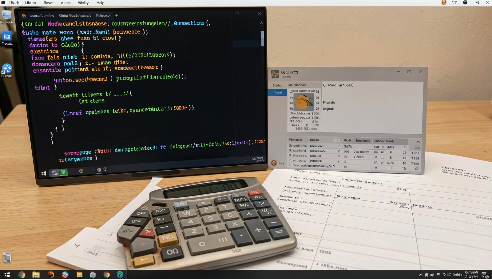 Photorealistic calculator and budget sheet on a Linux desktop in natural lighting.