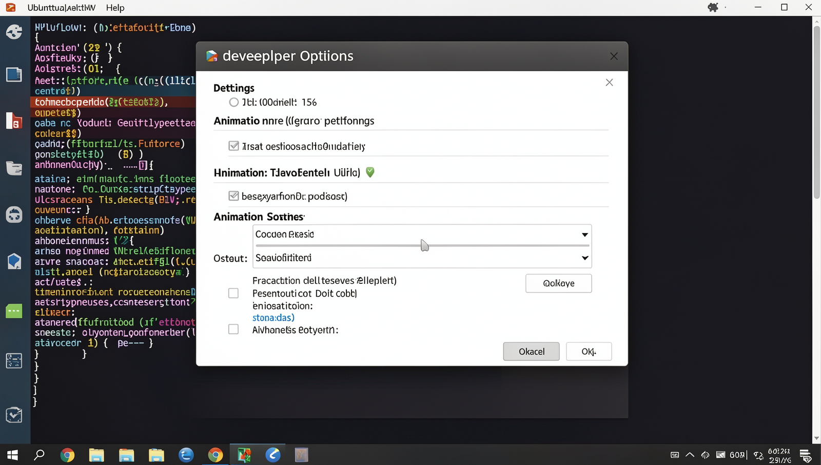 Developer options menu displaying animation settings on a Linux desktop.