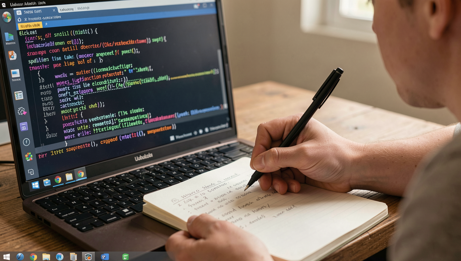 Person writing tasks on a notepad with a Linux desktop in the background.