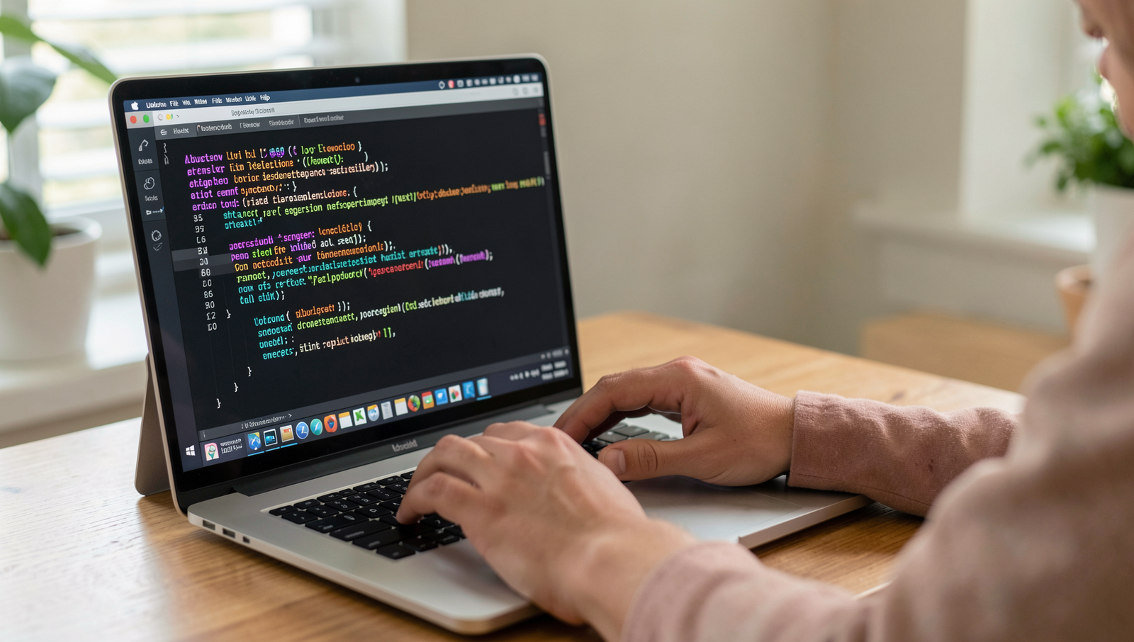 Person using AI tools on a laptop with realistic Linux desktop interface.