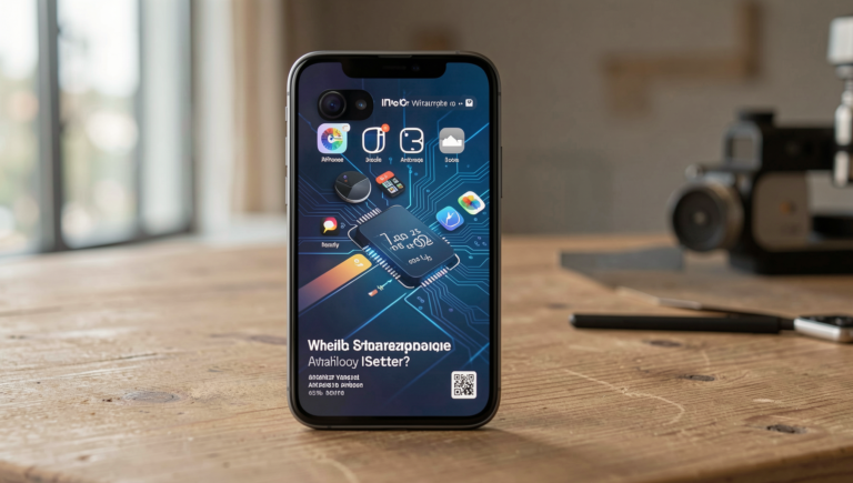Comparative image of iPhone and Android smartphones in a modern setting.