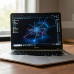 A side-by-side comparison of a PC and laptop in a modern workspace setting.