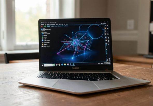 A side-by-side comparison of a PC and laptop in a modern workspace setting.