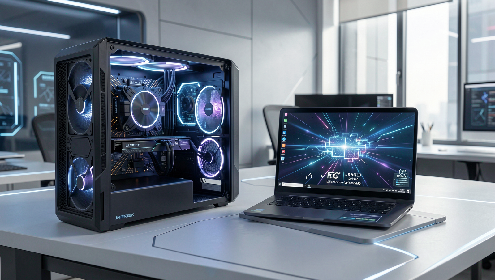 Futuristic workspace featuring a PC and laptop with natural lighting.