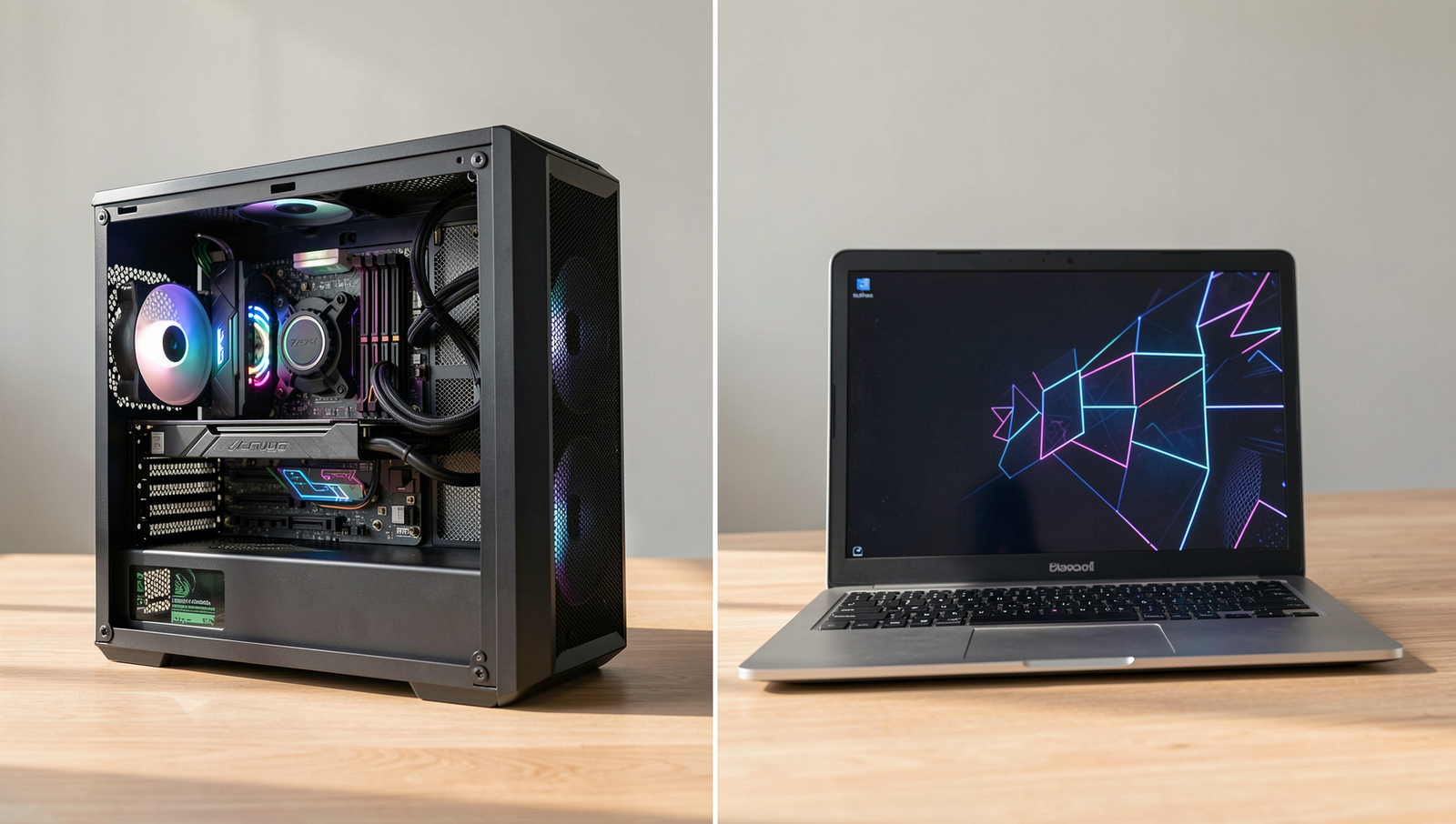 High-end PC and laptop side-by-side comparison showcasing performance features.