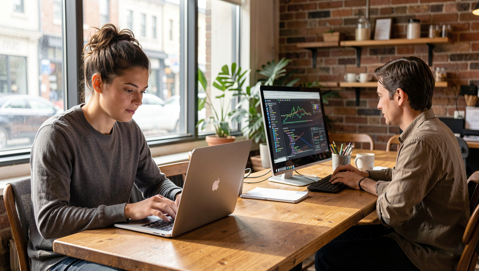 A person using a laptop in a coffee shop and another at a desk with a PC.