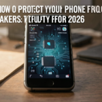 Smartphone with security shield icon and lock symbol in dark, cinematic lighting, symbolizing protection from hackers.