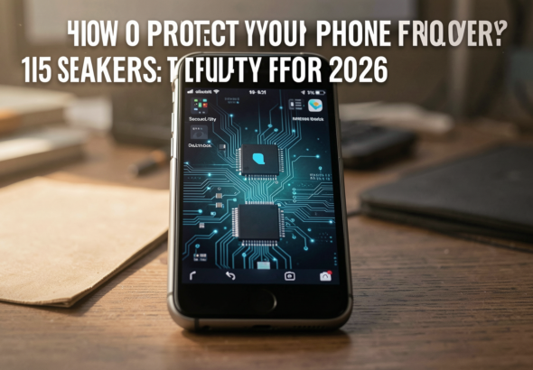 Smartphone with security shield icon and lock symbol in dark, cinematic lighting, symbolizing protection from hackers.