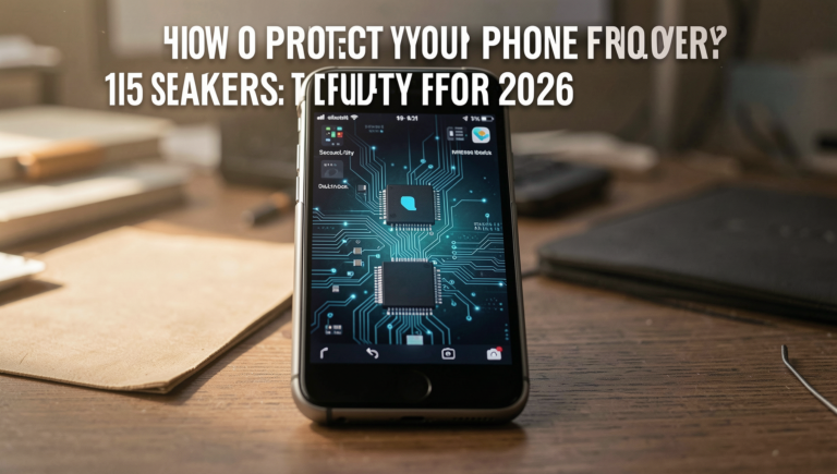 Smartphone with security shield icon and lock symbol in dark, cinematic lighting, symbolizing protection from hackers.