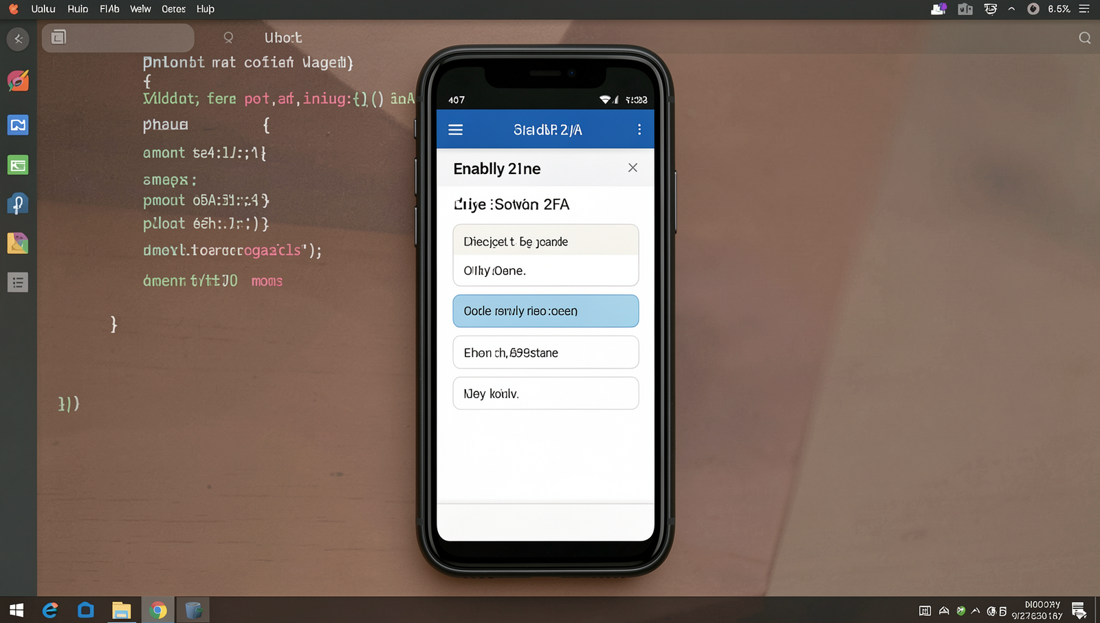 Illustration of enabling Two-Factor Authentication on a smartphone with Linux UI.