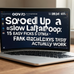 Close-up of a laptop with a speedometer graphic, symbolizing performance enhancement.