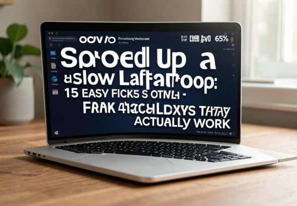 Close-up of a laptop with a speedometer graphic, symbolizing performance enhancement.